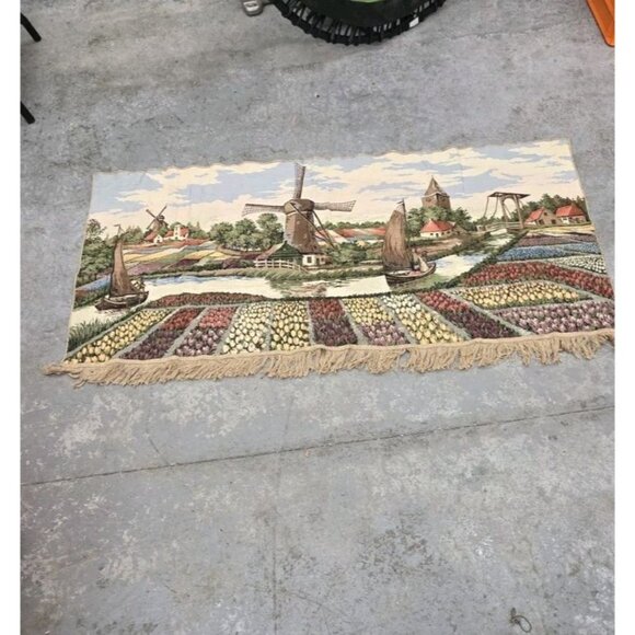 Vintage Cotton Tapestry depicting Dutch Scene with Tulips and Windmills 60x30in. - Picture 7 of 7